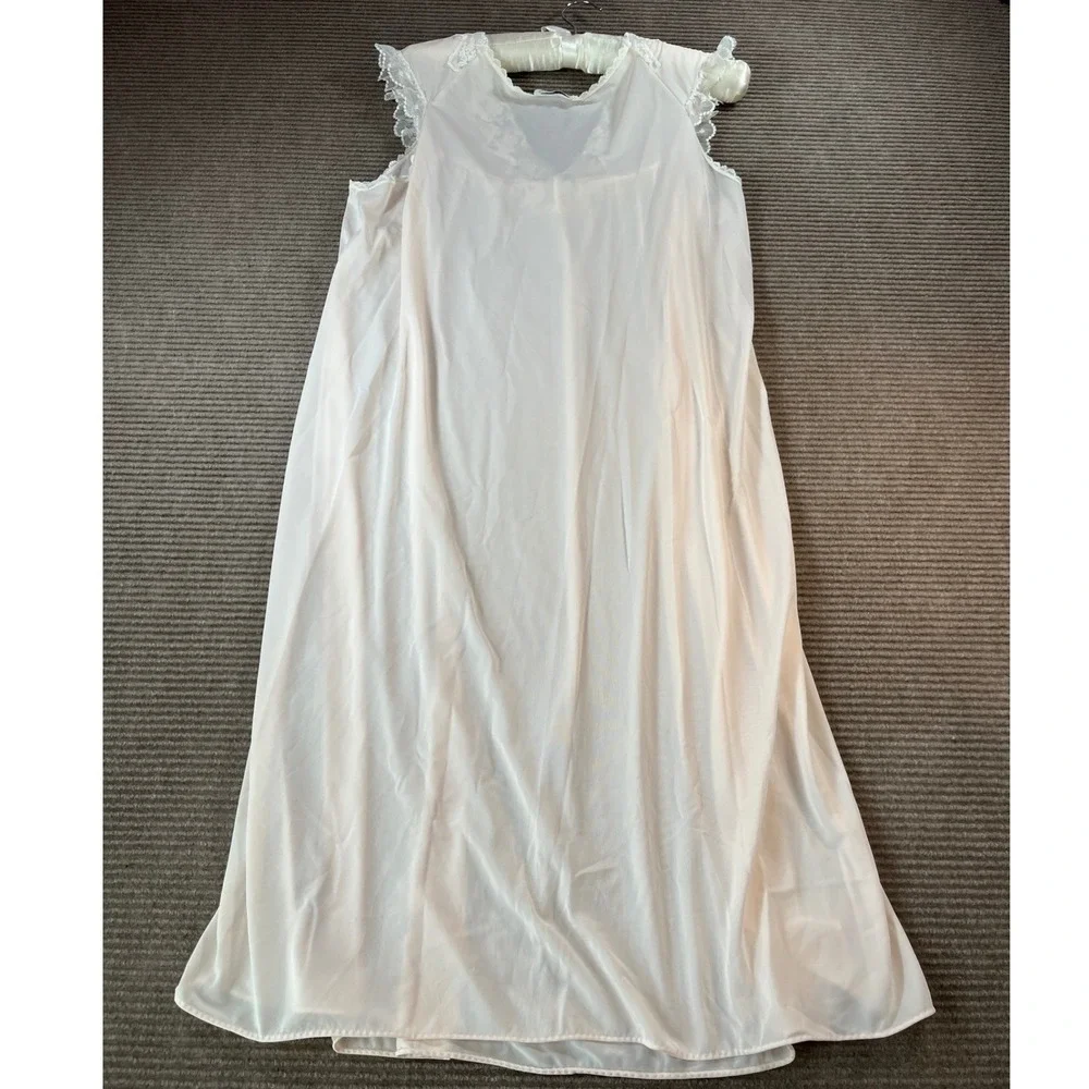 Vintage Lorraine Pink Lace Trim Rosette Sleeveless Midi Nightgown Womens Size L